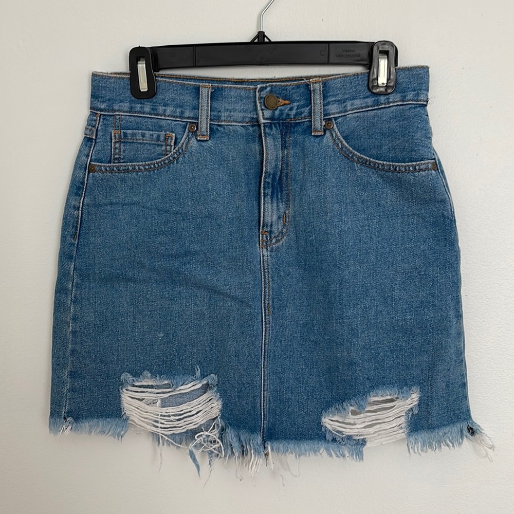Distressed denim jean skirt